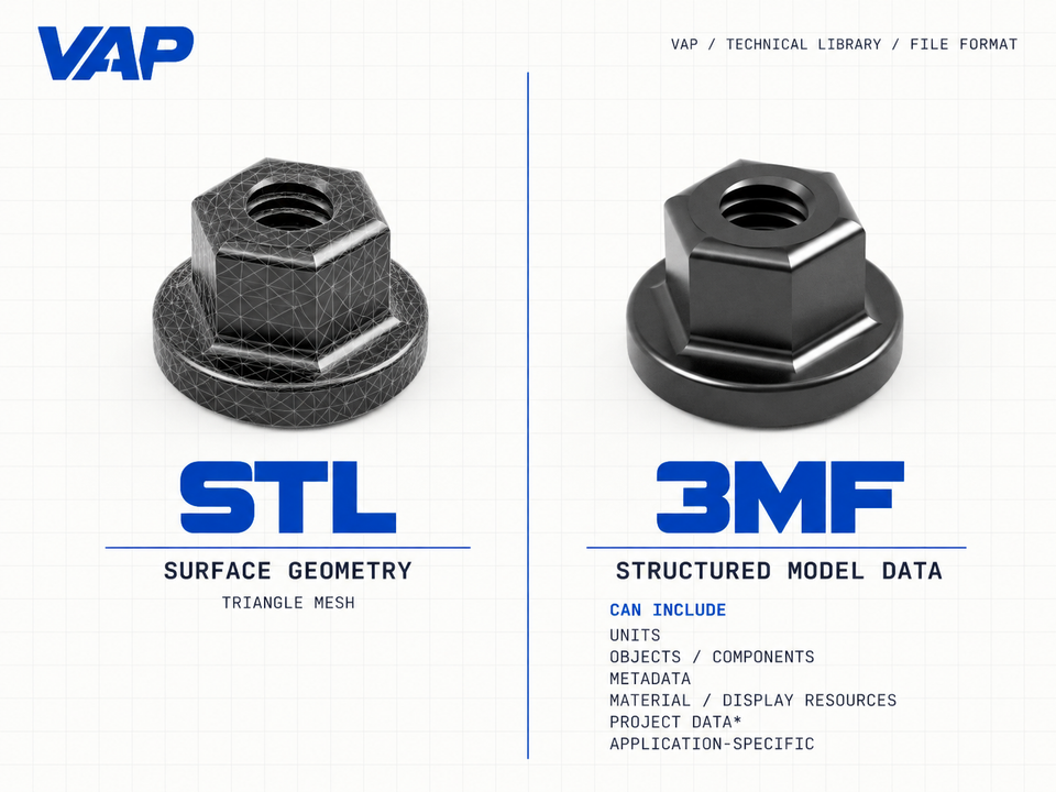 Comparison of the same VAP M6 nut as an STL triangle mesh and a 3MF structured model representation.